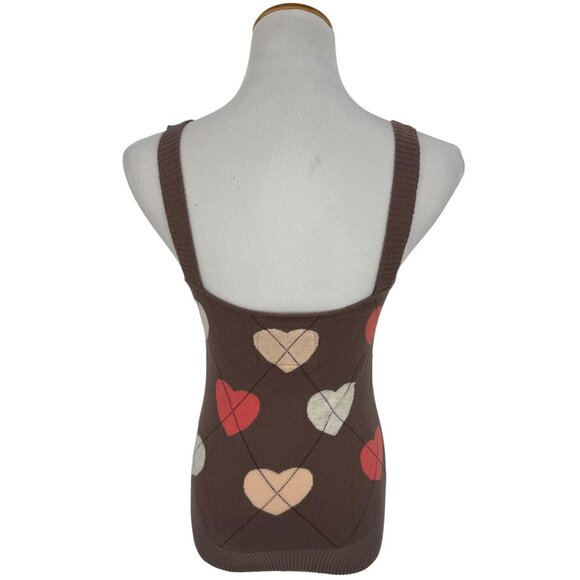Vintage Y2K Heritage 1981 Casual Brown Heart Pattern Knit Sweater Tank Top Vest - Picture 5 of 10